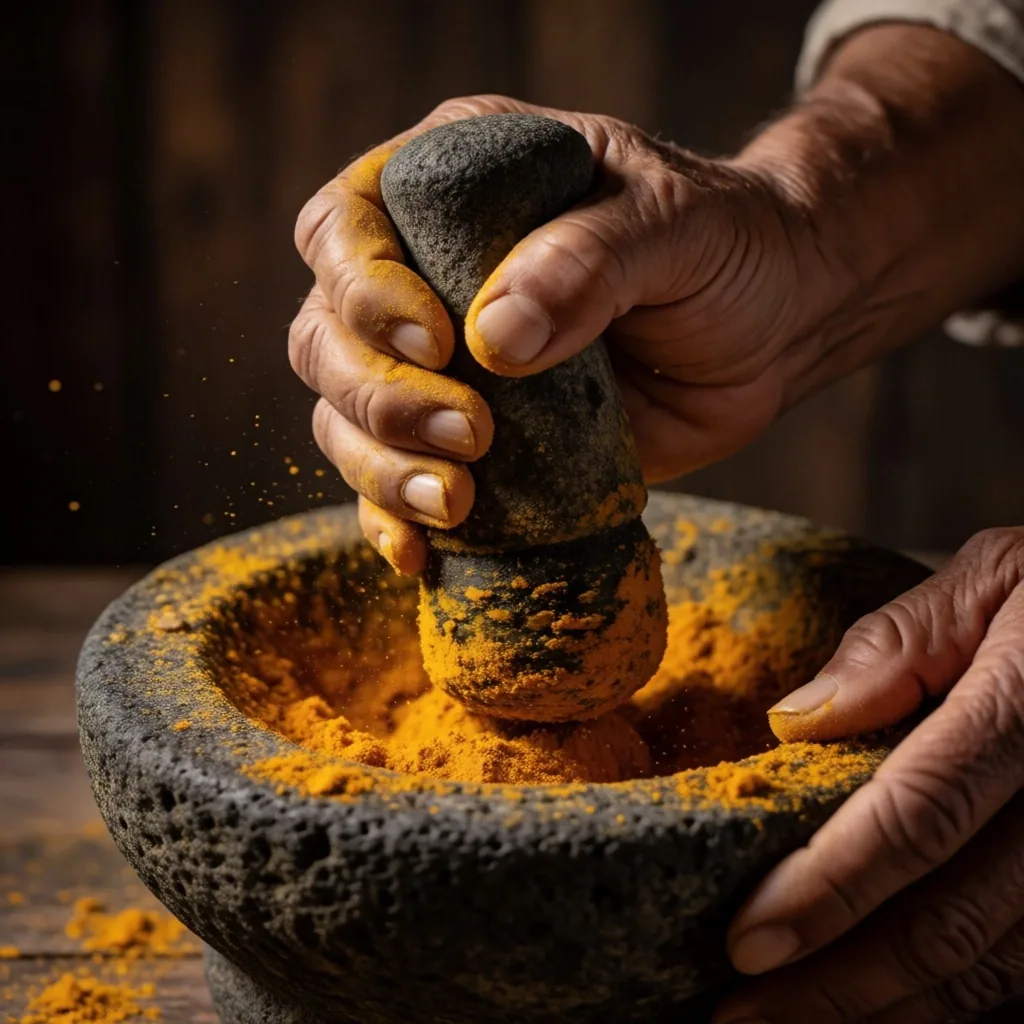 Traditional Indonesian herbal preparation with stone mortar and pestle