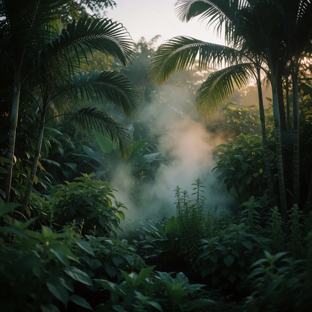 Indonesian botanical garden at dusk