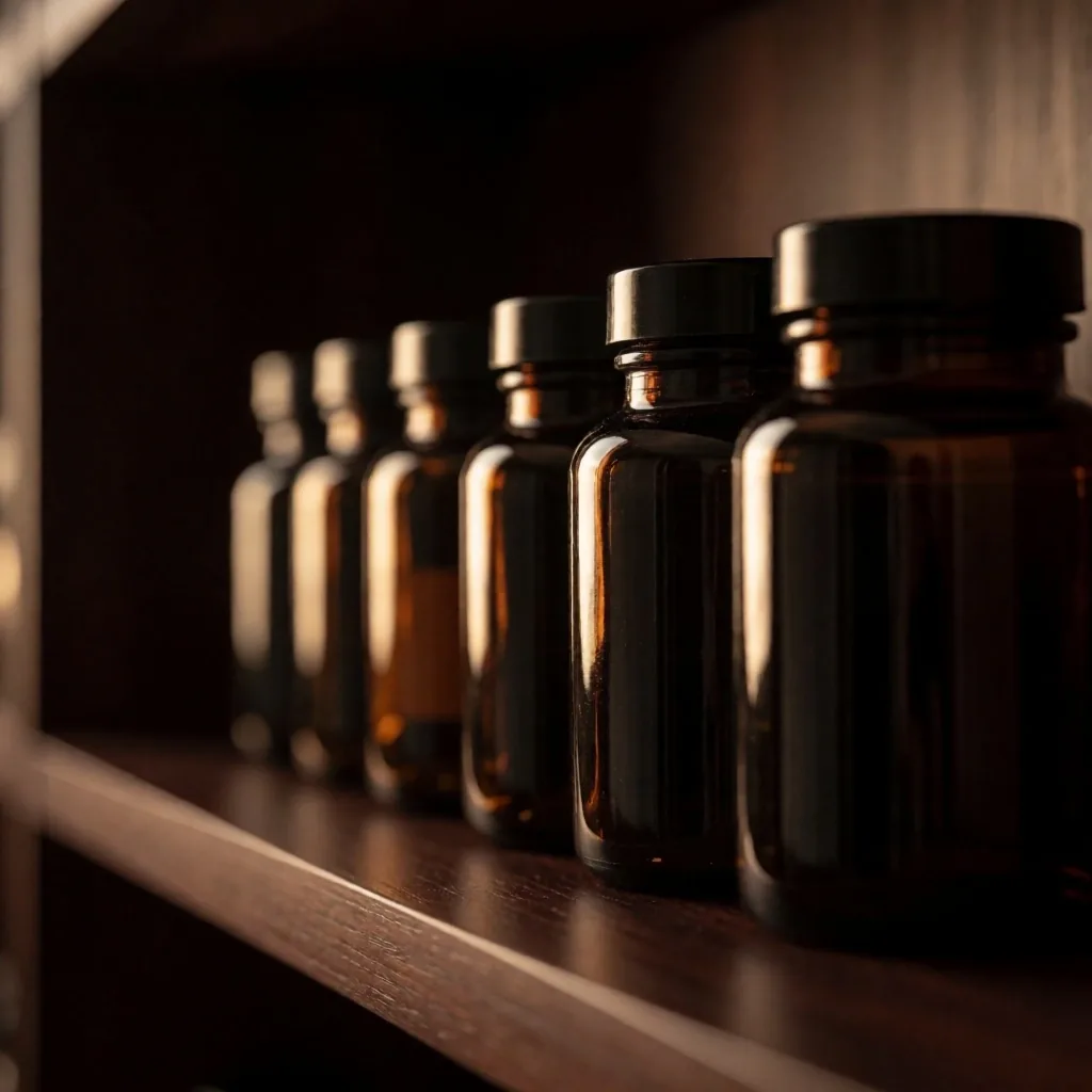 Dark glass supplement bottles on a wooden shelf in dim light